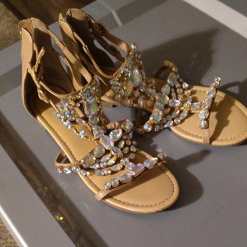 Shoe Dazzle Tan Jewel Embellished Gladiator Sandals